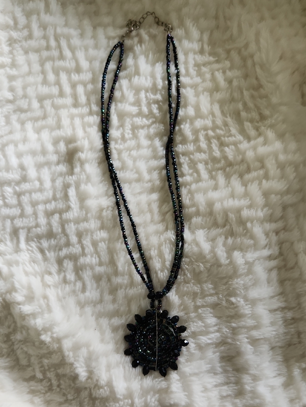 Black Beaded Sunburst Pendant Necklace Boho Vibe